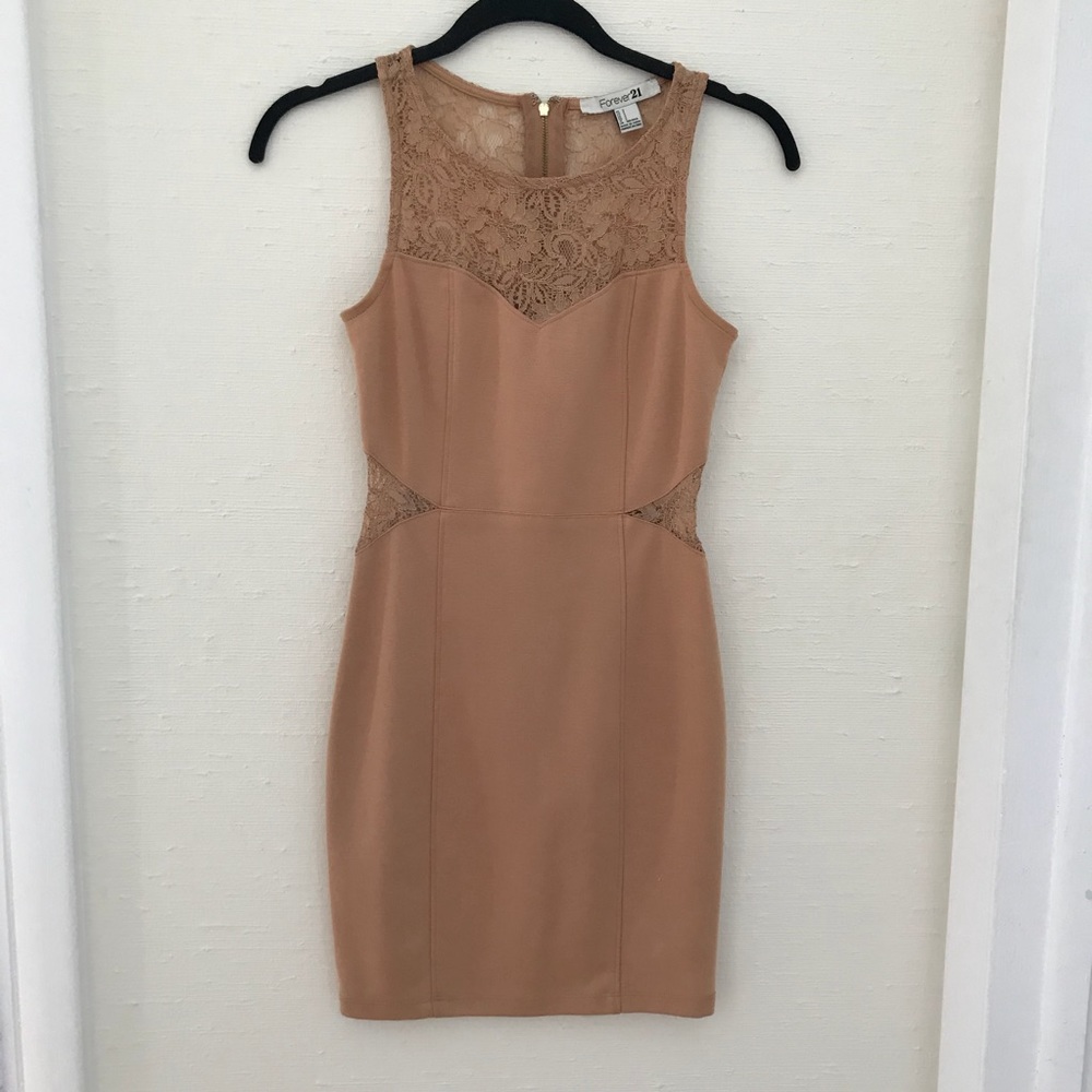 Nude tan bodycon cutout eyelet cutout dress